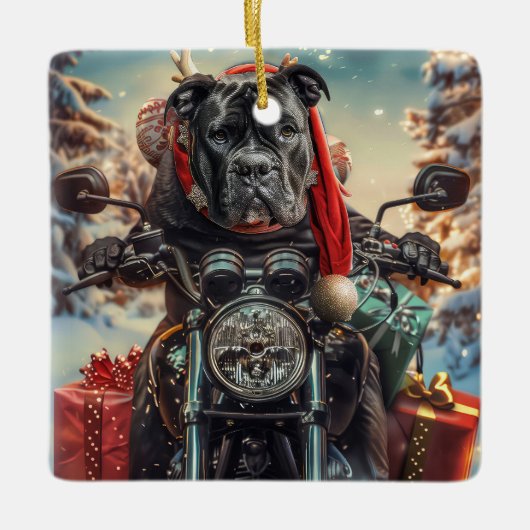 Cane Corso Dog Riding Motorrad Weihnachten Keramikornament (Vorderseite)