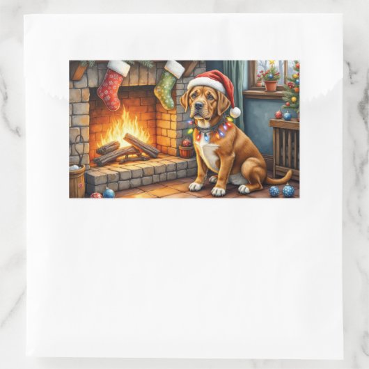 Cane Corso Fireplace with Christmas Lights Rechteckiger Aufkleber (Tasche)