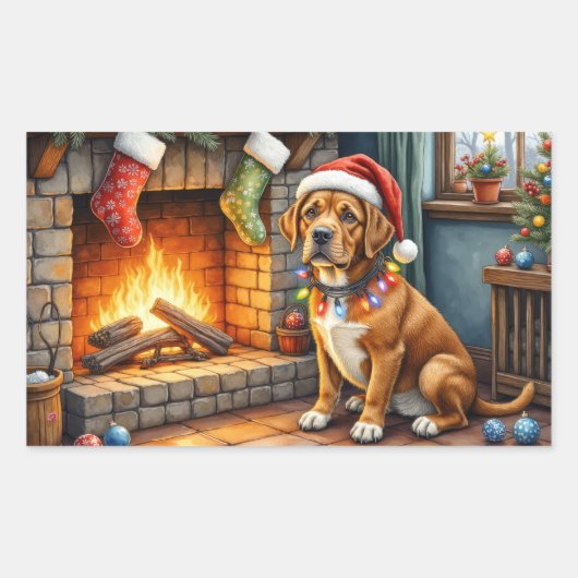 Cane Corso Fireplace with Christmas Lights Rechteckiger Aufkleber (Vorderseite)