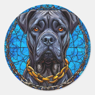Cane Corso Hund mit Ketten in blauem Bleiglas Runder Aufkleber