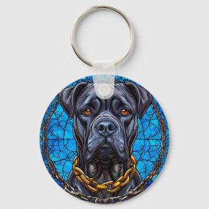 Cane Corso Hund mit Ketten in blauem Bleiglas Schlüsselanhänger