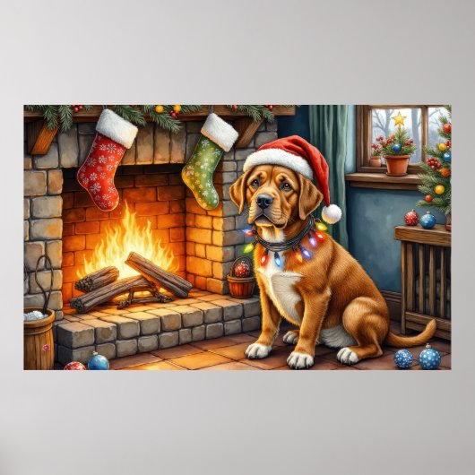 Cane Corso Kamin mit Weihnachtslichtern Poster (Vorne)