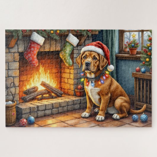 Cane Corso Kamin mit Weihnachtslichtern Puzzle (Horizontal)