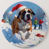 Cane Corso läuft im Schnee mit Weihnachtshut Button (Vorderseite)