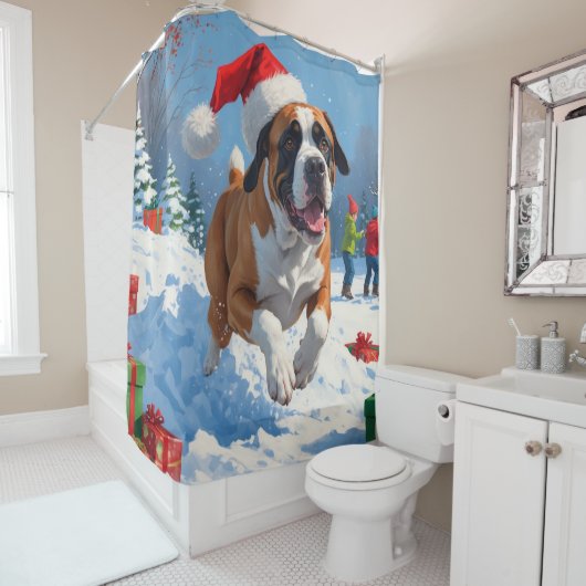 Cane Corso läuft im Schnee mit Weihnachtshut Duschvorhang (Beispiel)