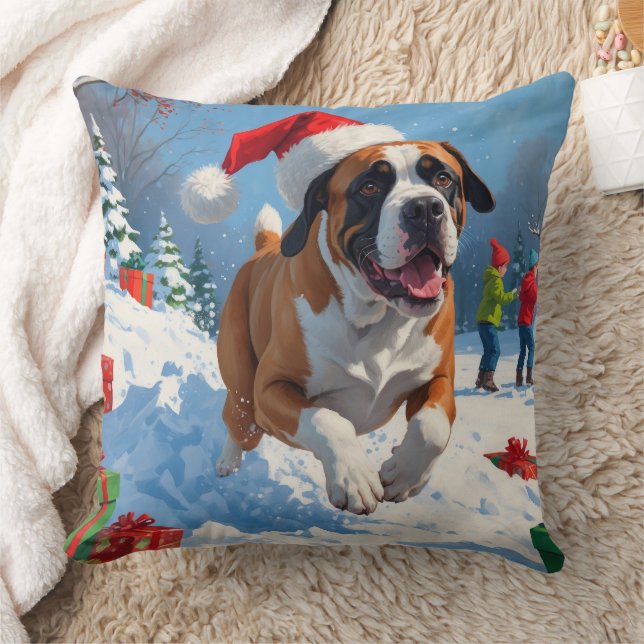 Cane Corso läuft im Schnee mit Weihnachtshut Kissen (Decke)
