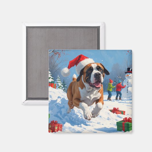 Cane Corso läuft im Schnee mit Weihnachtshut Magnet (Vorderseite/Rückseite)
