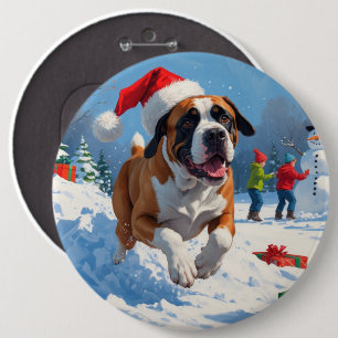 Cane Corso läuft im Schnee mit Weihnachtsmütze Button