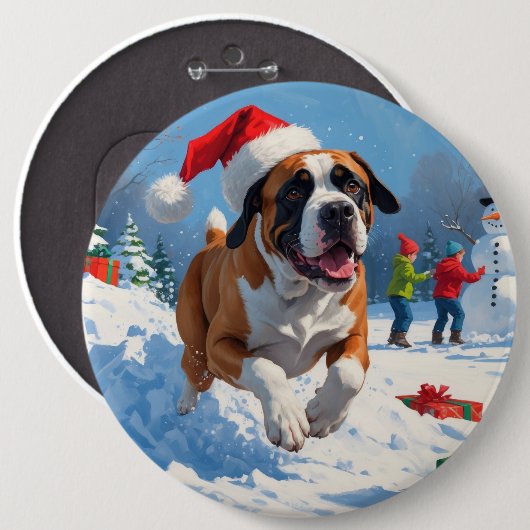 Cane Corso läuft im Schnee mit Weihnachtsmütze Button (Vorne & Hinten)