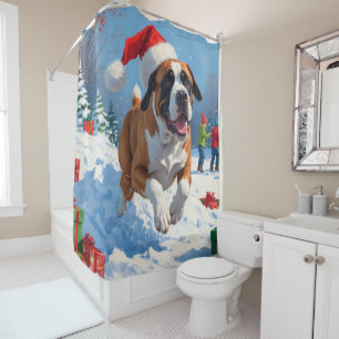 Cane Corso läuft im Schnee mit Weihnachtsmütze Duschvorhang