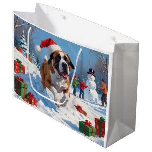 Cane Corso läuft im Schnee mit Weihnachtsmütze Große Geschenktüte