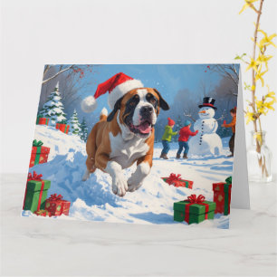 Cane Corso läuft im Schnee mit Weihnachtsmütze Karte