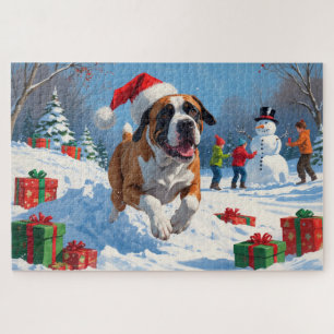 Cane Corso läuft im Schnee mit Weihnachtsmütze Puzzle