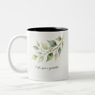Caneca Frase Café paz Gratidão – Aquarela Folhas Zweifarbige Tasse