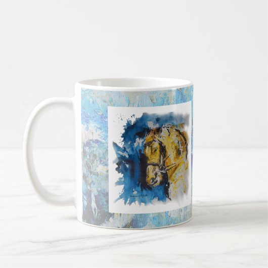 Caneca pintura "Cavalo" com fundo em manchas azuis Kaffeetasse (Links)