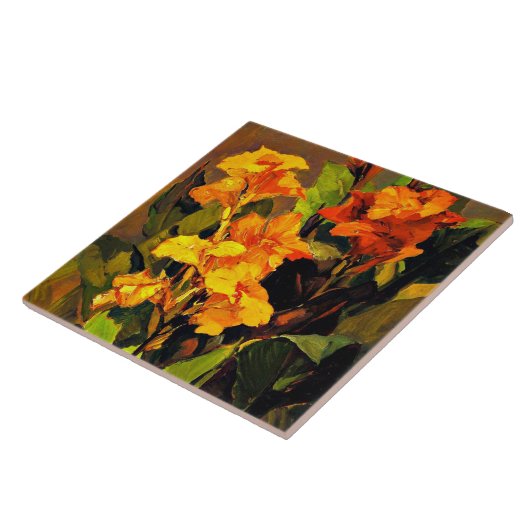 Canna Lilies, Blumengemälde von Franz Bischoff Fliese (Seite)