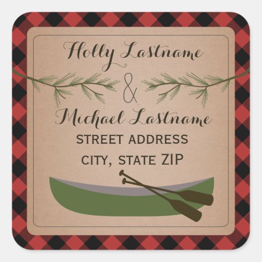 Canoe + Evergreen Branch Kariert Address Sticker (Vorderseite)