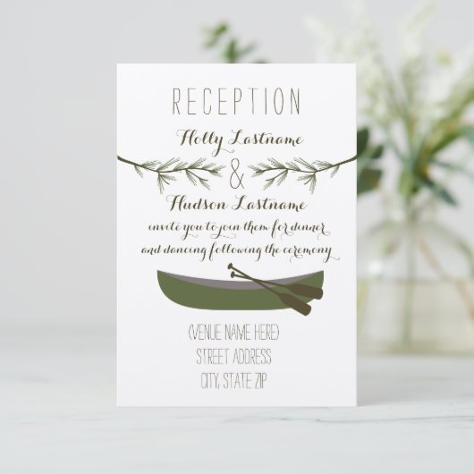 Canoe + Evergreen Branches Hochzeitsempfang Einladung (Stehend Vorderseite)