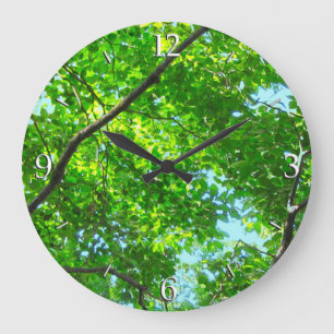 Canopy of Green, Leafy Branches with Blue Sky Große Wanduhr