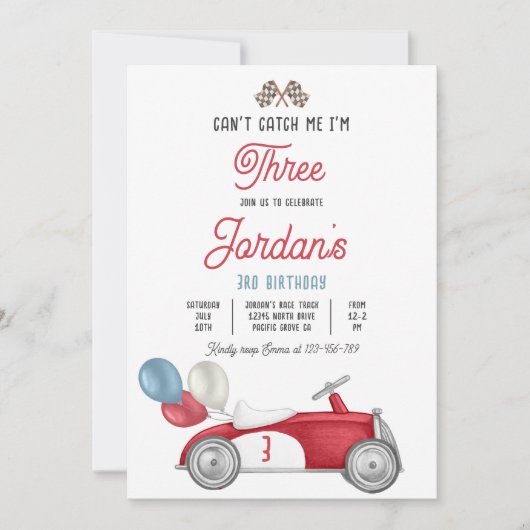 Can't Catch Me I'm Three Race Car 3rd Birthday Einladung (Vorderseite)