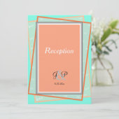 Cantaloupe Blue Geometric Monogram Empfang Einladung (Stehend Vorderseite)