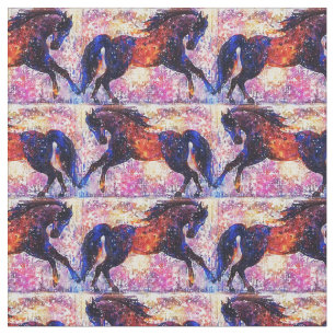 Cantering Black and Red Horses Fabric Stoff