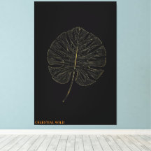 Canvas Golden Monstera Leaf Modern Noir Decor