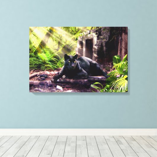 Canvas Print Black Leopard und Tempel Leinwanddruck (Insitu (Holzboden))
