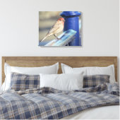 Canvas print - Sparrow auf blauem Zaun Leinwanddruck (Insitu (Schlafzimmer))