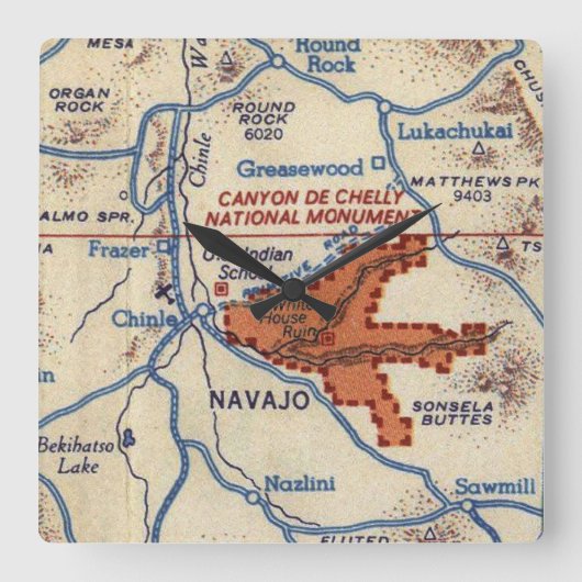 Canyon de Chelly Vintage Map Quadratische Wanduhr (Vorderseite)