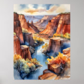 Canyon Wasserfarbe Landschaft mit Fluss und Klippe Poster (Vorne)