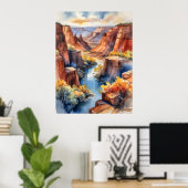 Canyon Wasserfarbe Landschaft mit Fluss und Klippe Poster (Heimbüro)