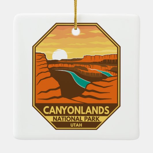 Canyonlands Nationalpark Sunset Retro Emblem Keramikornament (Rückseite)