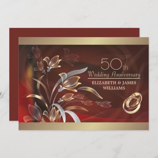 Caoba Gold Floral 50. Hochzeitstag Einladung (Vorne/Hinten)