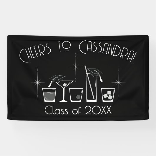 Cap and Cocktail Graduation Party Black Banner (Horizontal)