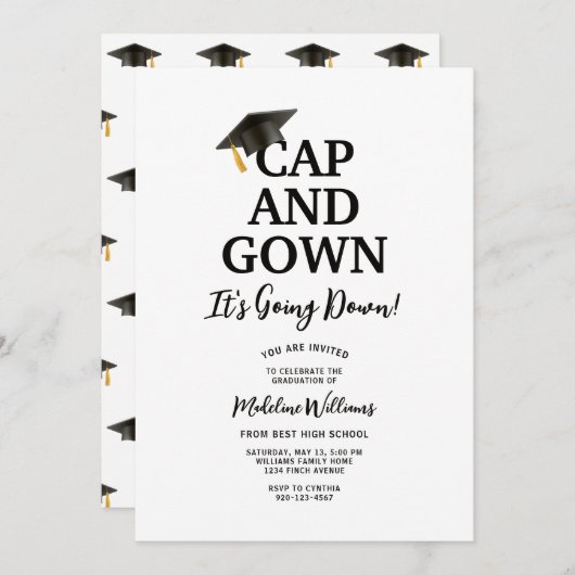 Cap and Gown es geht runter Abschluss Einladung (Vorne/Hinten)