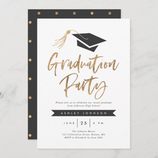 Cap and Tassel Graduation Party Gold Foil Einladung (Vorne/Hinten)