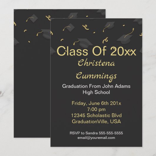 Cap & Confetti Graduation Einladung (Vorne/Hinten)