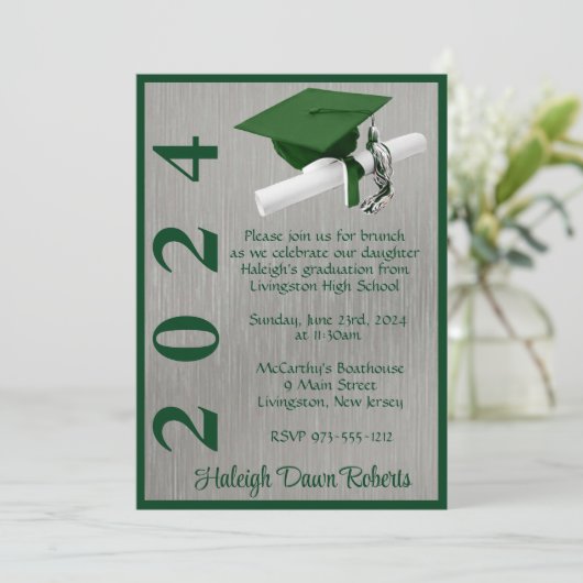 Cap & Diploma 12x18 Green und Silver Abschluss Einladung (Stehend Vorderseite)