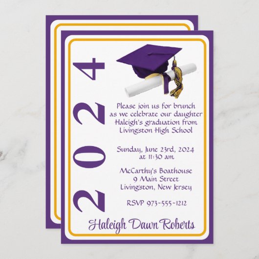 Cap & Diploma 12x18 Lila & Gold Abschluss Einladung (Vorne/Hinten)