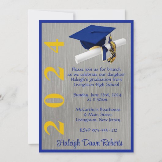 Cap & Diploma 12x18 Royal Blue and Gold Abschluss Einladung (Vorderseite)