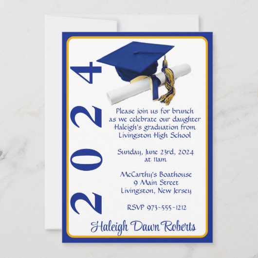 Cap & Diploma 12x18 Royal Blue & Gold Abschluss Einladung (Vorderseite)