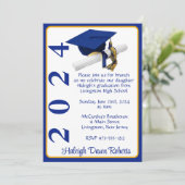Cap & Diploma 12x18 Royal Blue & Gold Abschluss Einladung (Stehend Vorderseite)
