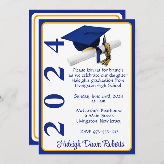 Cap & Diploma 12x18 Royal Blue & Gold Abschluss Einladung (Vorne/Hinten)