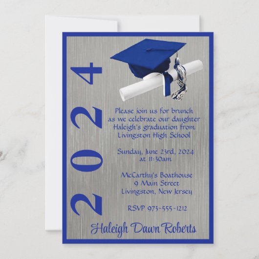 Cap & Diploma 12x18 Royal Blue und Silver Abschlus Einladung (Vorderseite)