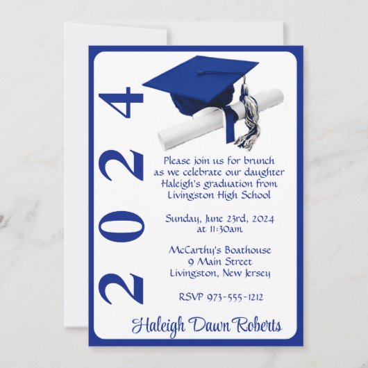 Cap & Diploma 12x18 Royal Blue & White Abschluss Einladung (Vorderseite)