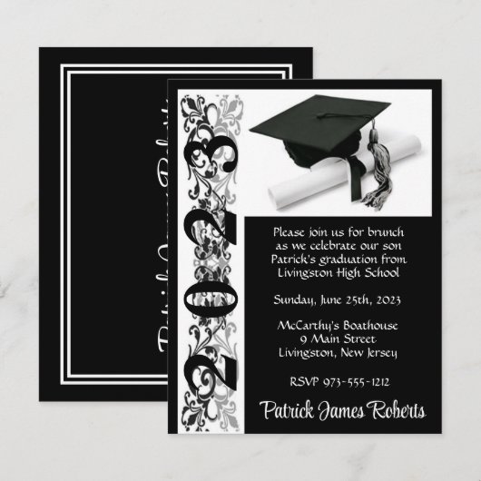 Cap & Diploma, Black Background Abschluss Einladung (Vorne/Hinten)