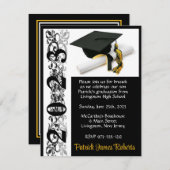 Cap & Diploma, Black & Gold Abschluss Einladung (Vorne/Hinten)