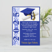 Cap & Diploma Foto Royal Blue & Gold Abschluss Einladung (Stehend Vorderseite)