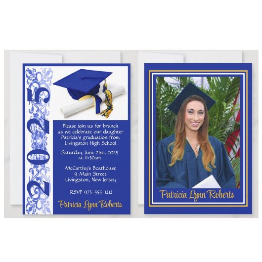 Cap & Diploma Foto Royal Blue & Gold Abschluss Einladung